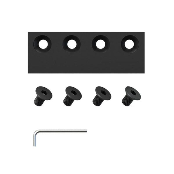 Set of four screws, a hex key, and a black mounting bracket with holes.