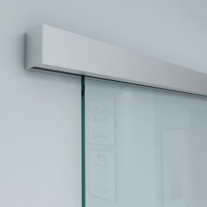 A modern led wall light fixture above an Aluminum Sliding Door Track with Alu Cover bearing bicycle and hourglass symbols.