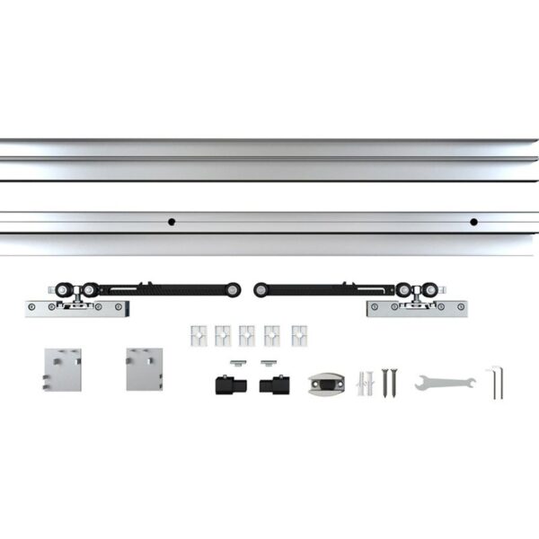 Aluminum Sliding Door Track kit: includes tracks, rollers, brackets, screws, and a wrench on a white background.