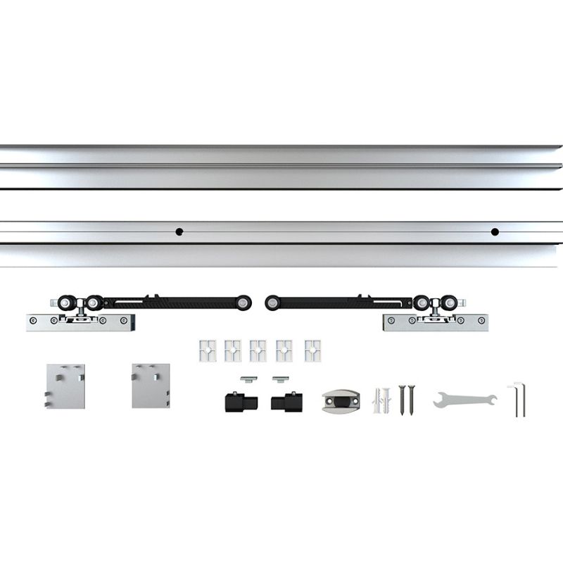 Aluminum Sliding Door Track kit: includes tracks, rollers, brackets, screws, and a wrench on a white background.