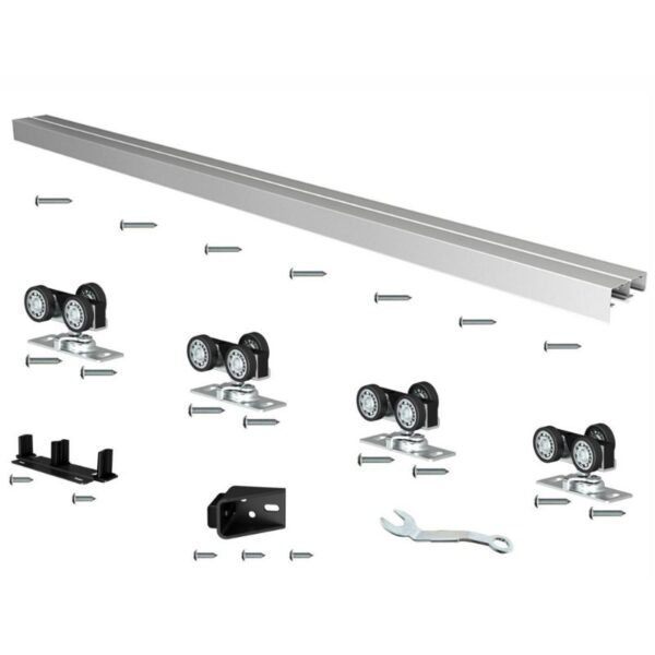 Closet Sliding Door Hardware Kit: track, rollers, screws, brackets, and wrench included.