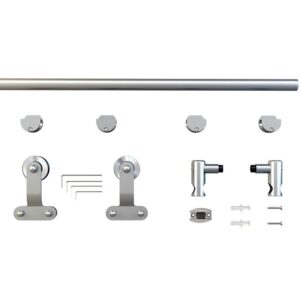 Kit de riel para puerta corrediza de vidrio de acero inoxidable con riel, soportes, rodillos, topes y tornillos sobre fondo blanco.