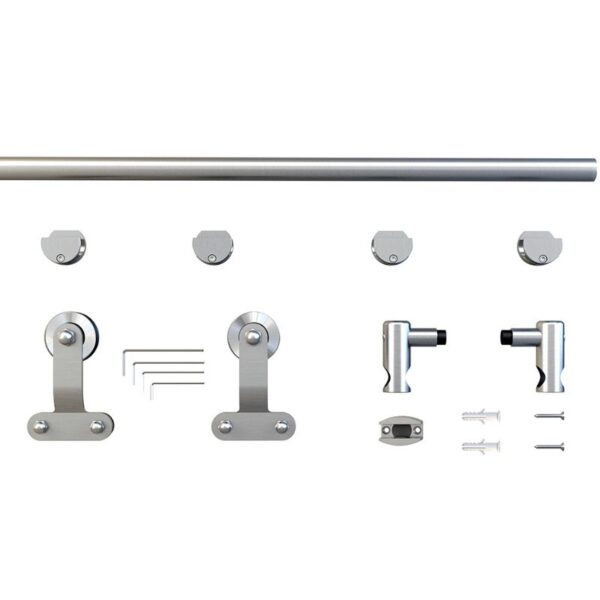 Stainless Steel Sliding Glass Door Track Kit with rail, brackets, rollers, stops, and screws on a white background.