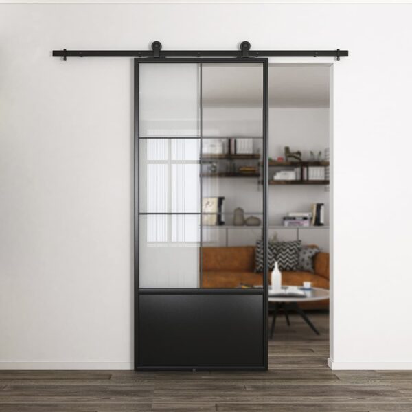 36in x 84in 6 Lites LPP Style Puerta de granero de vidrio con marco de acero negro preensamblado con vidrio transparente templado