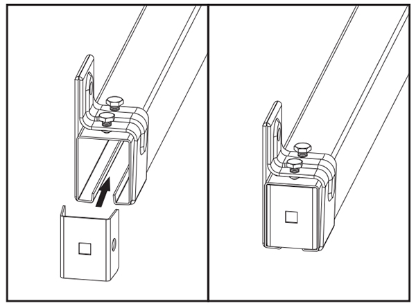 steek beide eindkappen in het uiteinde van de kastrail voor toepassing op één rail