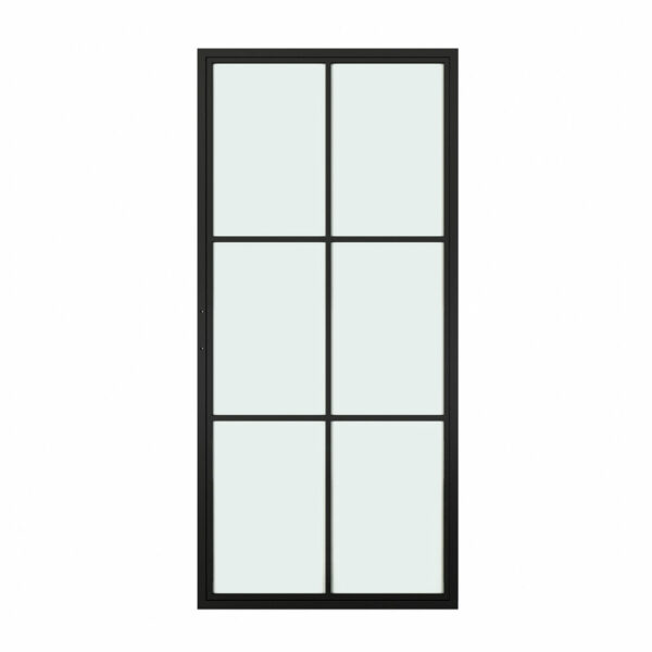 Una finestra a sei vetri con cornice nera su uno sfondo bianco.