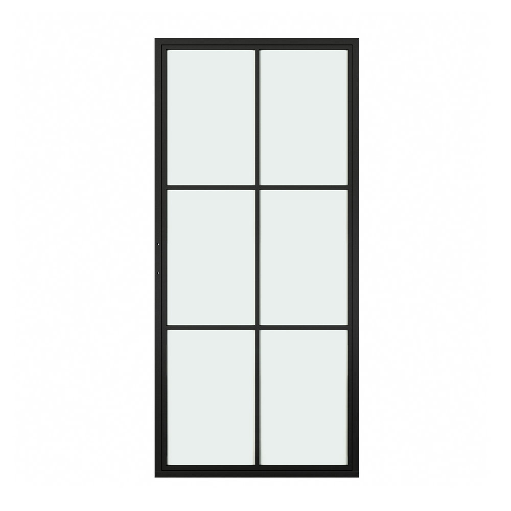Una ventana de seis paneles con marco negro sobre un fondo blanco.