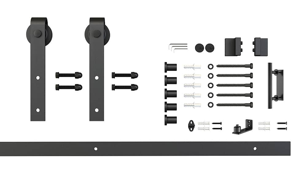 Durable black metal sliding barn door hardware with all mounting accessories included, designed for smooth operation and sleek aesthetic for home or office spaces.