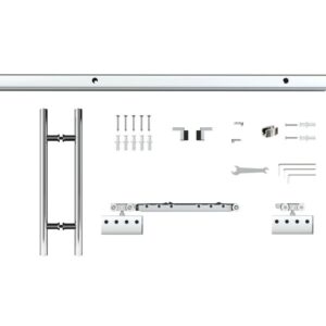 Kit de herrajes para puertas corredizas de vidrio cuidadosamente dispuestos en color blanco: manija de metal, riel de aluminio, tornillos, soportes, llave y componentes.