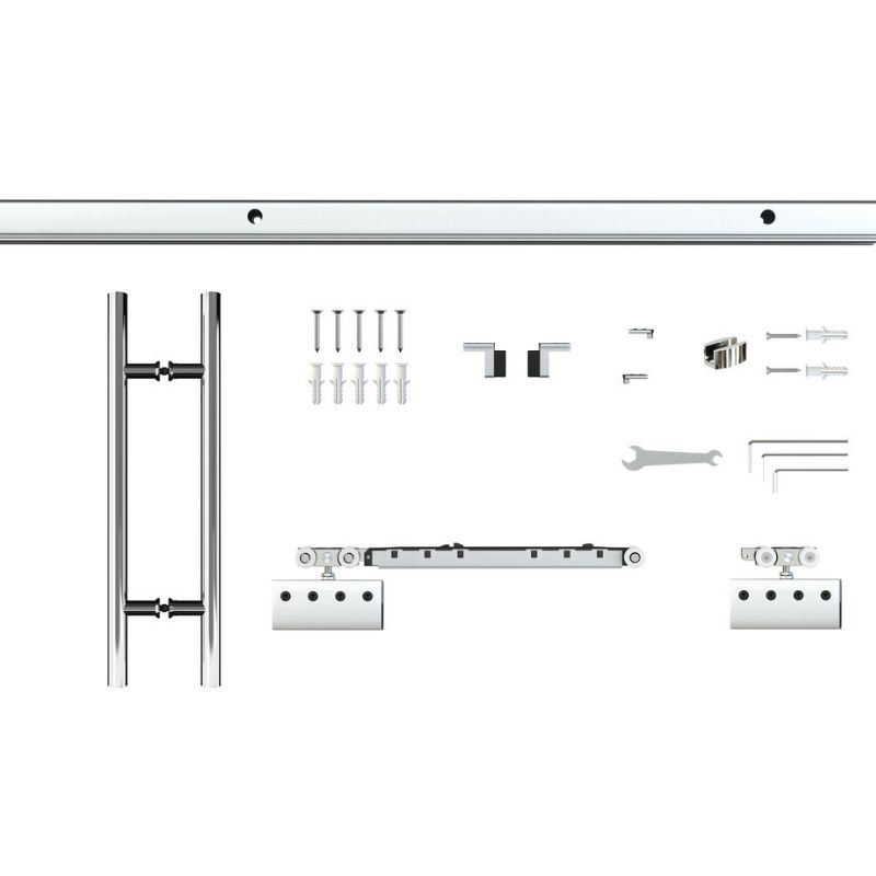 Neatly arranged sliding glass door hardware kit on white: metal handle, aluminum track, screws, brackets, wrench, and components.