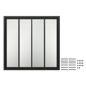 Eine grafische Darstellung eines festen Fensters aus gehärtetem Glas mit vier Scheiben, abgebildet mit einer Reihe von Belüftungslöchern auf der rechten Seite.