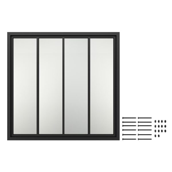 A graphic image of a four-panel tempered glass window fixed depicted with a set of ventilation holes on the right side.