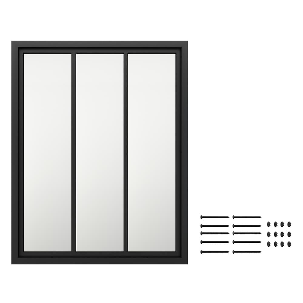 Triple-pane window with horizontal blinds and round pull cords to the right.