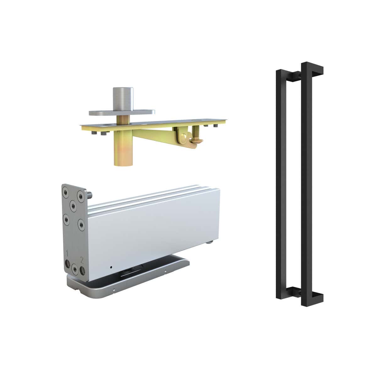 A close-up image of a contemporary door handle assembly showing the latch mechanism, strike plate, and mounting hardware, perfect for modern home or office doors with a focus on stylish, high-quality materials.