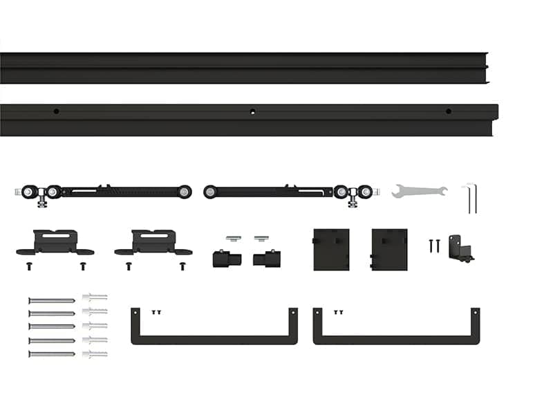 Adjustable sliding closet door hardware kit with tracks, rollers, and mounting brackets for smooth and silent door operation. Easy to install for a modern and functional closet upgrade.