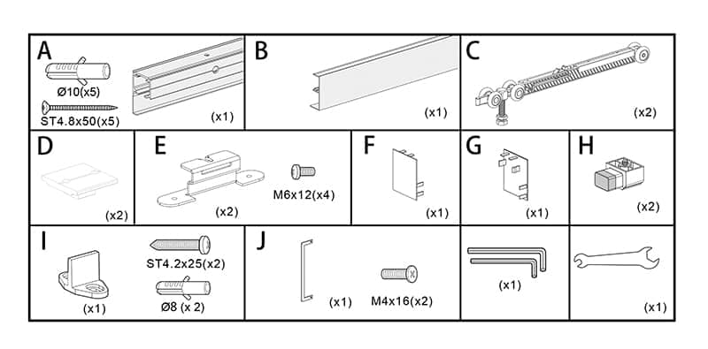 Bolt with five washers, aluminum extruded profile, adjustable tension spring, foam pad, mounting brackets, plastic connector, electronic component, storage boxes, L-shaped hex key, long screws with nuts, Allen wrench, combination hex and screwdriver, wrench for assembly.