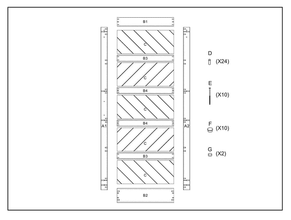 Technische Zeichnung eines 36 x 84 Zoll großen Chevron-Scheunentors in zerlegter Version mit beschrifteten Teilen und diagonaler Verstrebung. Maße und Anzahl der Komponenten sind auf der rechten Seite dargestellt.