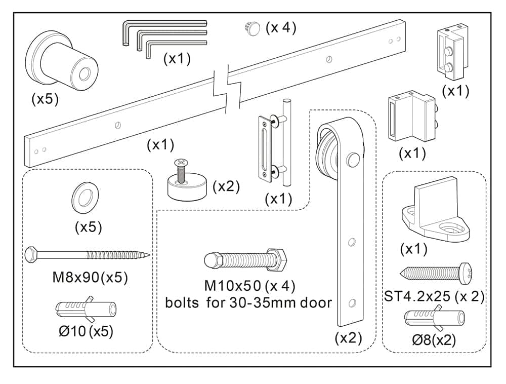 Abbildung verschiedener Hardwareteile und Werkzeuge für eine 36 x 84 Zoll große, zerlegte Chevron-Scheunentür, einschließlich Bolzen, Scharnieren und Schrauben, beschriftet und angeordnet für die Montageanleitung.