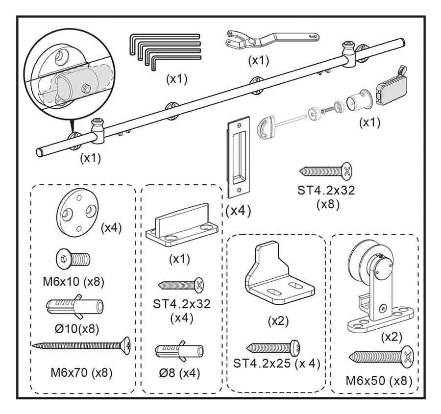 Detailed view of assorted screws, brackets, and mounting hardware for furniture assembly, including bolts, nuts, brackets, and tools.