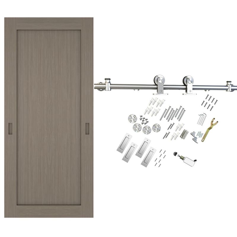 A soft-closing sliding door with stainless steel hardware and wood panel, now enhanced with top mounting for smoother operation.