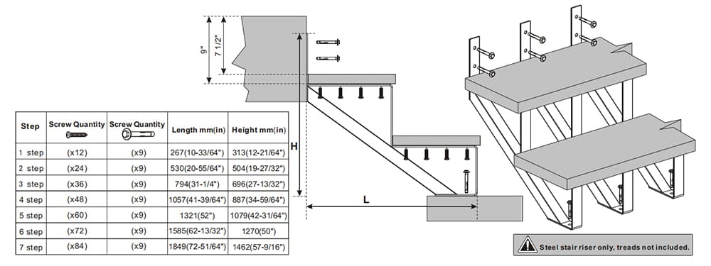 Alt: Modern steel staircase with detailed measurements and assembly diagram for safe, durable home or commercial use.