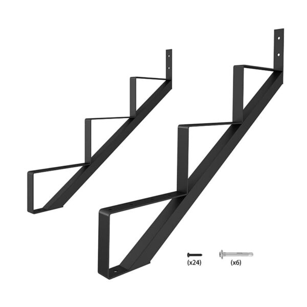 Two black metal 3 Step Steel Stringer Stair Risers displayed in an isometric view, with included hardware icons indicating 24 screws and 6 wall anchors.