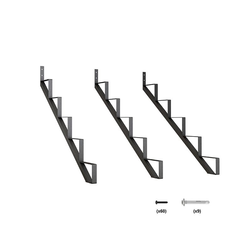 Tre montanti per scale in acciaio a 5 gradini visualizzati da diverse angolazioni con viti di montaggio e un'etichetta numerica per ogni set di articoli.