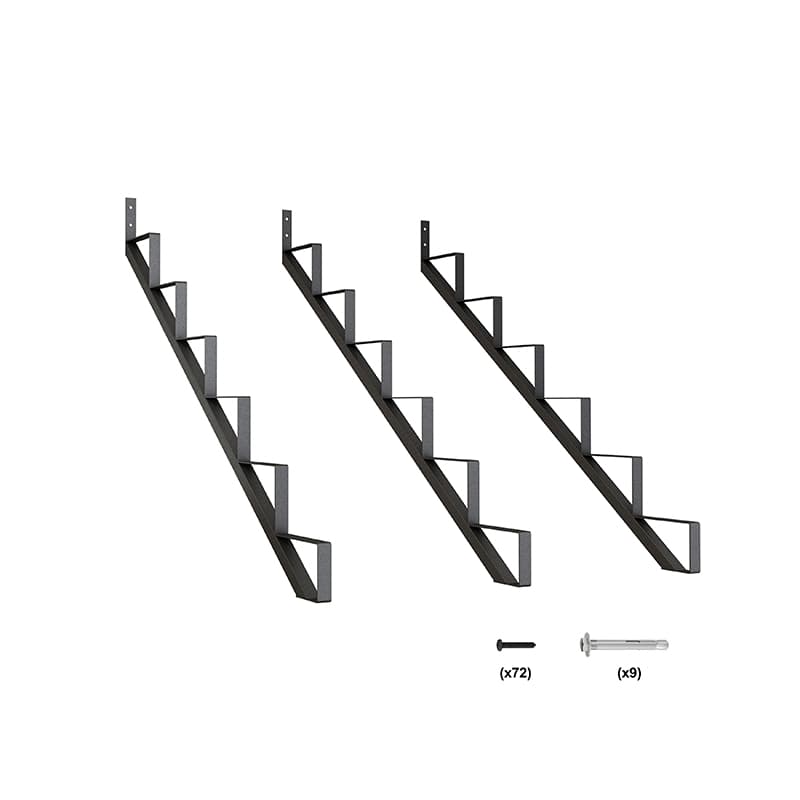 Two black metal 6-step stair riser bookshelves leaning to the left, with indicated screw and bolt quantities for assembly.