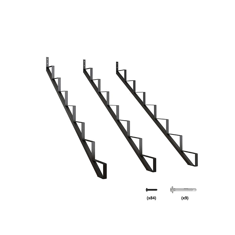 Two sets of black steel 7 Step Stair Stringers are displayed diagonally, with indicated quantities of screws and bolts for assembly.