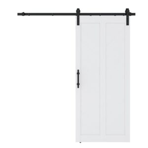 Ușă de hambar Chevron albă de 36 in x 84 inci, 5 lite, asamblare bricolaj, versiunea doborâtă ușă glisantă de hambar pe o șină neagră, poziție închisă, izolată pe un fundal alb.