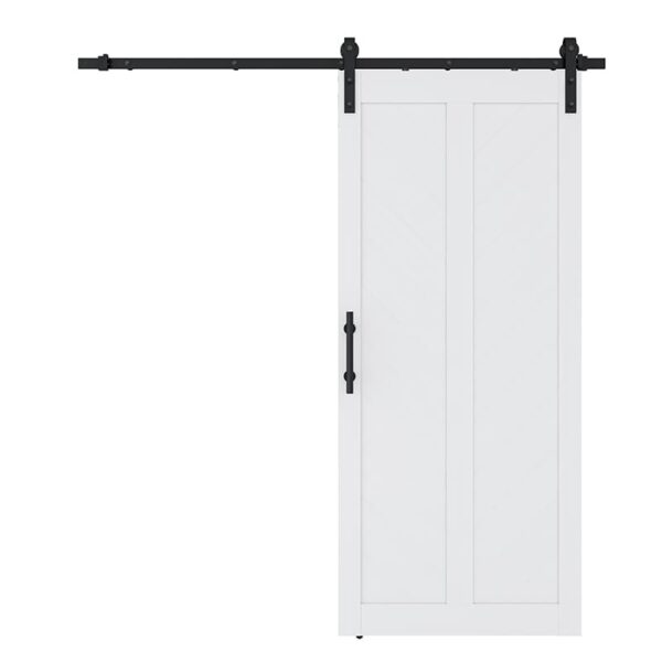 36in x 84in White Chevron Barn Door, 5 Lites, DIY Assembly, Knocked Down Version sliding barn door on a black rail, closed position, isolated on a white background.