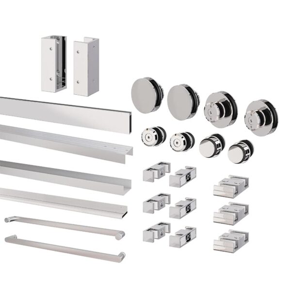 Various tempered glass shower door hardware components, including tracks, rollers, and handles, isolated on a white background.