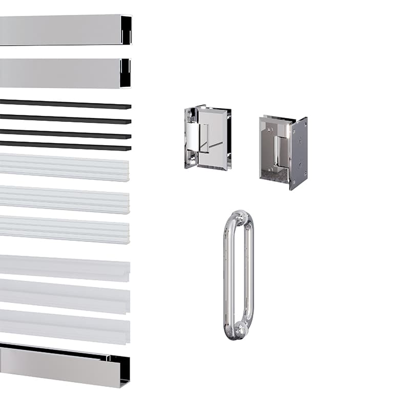 Assorted chrome bathroom accessories including a towel rack, hooks, and a Glass Hinge Shower Door with Fixed Glass isolated on a white background.