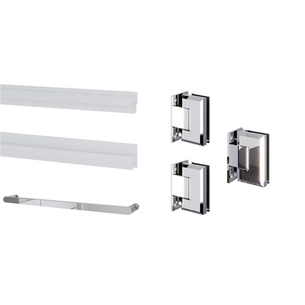 Components of a curtain track system, including two white rails and four silver wall mounts, displayed on a white background with a hinged shower door.