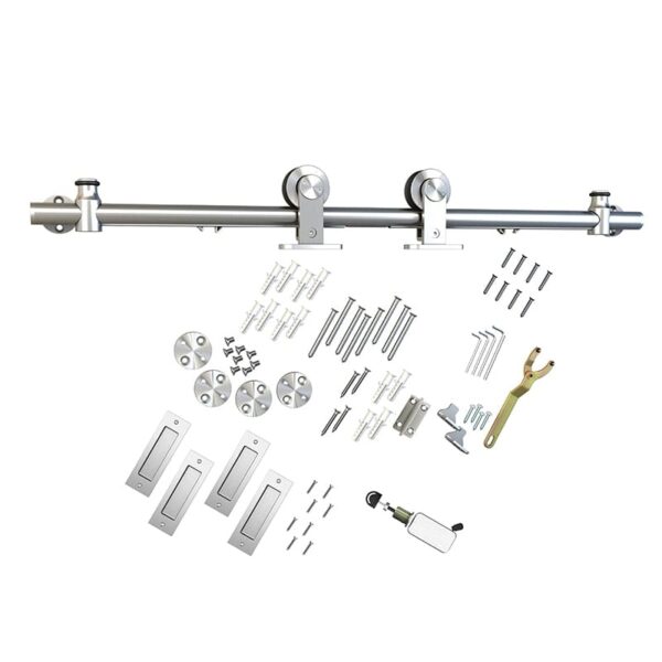 Disassembled soft-closing sliding door kit with stainless steel hardware, including rail and installation tools, isolated on white.