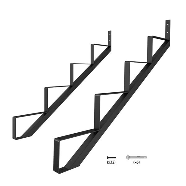 Two black metal wall-mounted shelves in a diagonal layout, showing assembly screws with quantities indicated for 4 Step Steel Stringer Stair Riser.