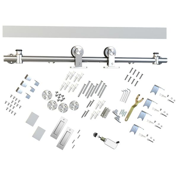 Exploded view of a white top-mount bathroom door with soft-close, wood cover, track assembly, and organized installation parts.