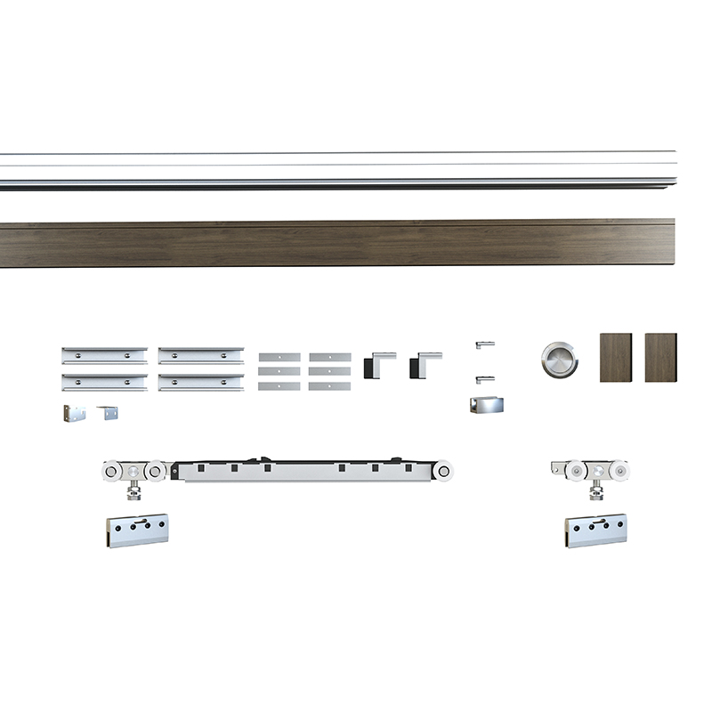 Exploded view of Aluminum Track Sliding Glass Door with accessories and Wood Cover on a white background.