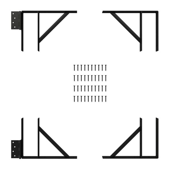 Four black metal Heavy Duty Gate Brackets and Fasteners, in a 7 Step Stair Riser pattern, arranged in a square on white.