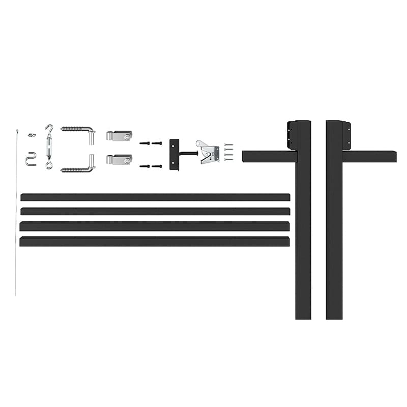 Metal components, including Black Gate Hardware, screws, and rods, are neatly arranged on a white background for assembly.