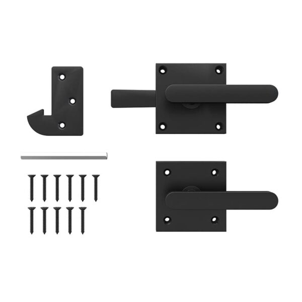 A black Double Side Gate Latch set with two handles, latch, metal bar, and ten screws on a white background.