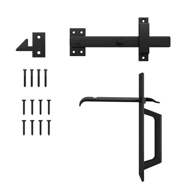 Double Side Gate Latch with latch, arm, catch, handle, and screws shown separately on a white background.