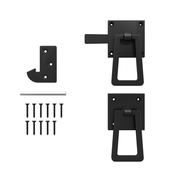 Double-sided lockable gate latch with screws, mechanism, handle pieces, and mounting rod on a white background.