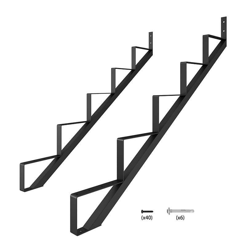 Black metal staircase with a 4 Step Steel Stringer Stair Riser, wall-mounted brackets, and assembly screws, isolated on a white background.