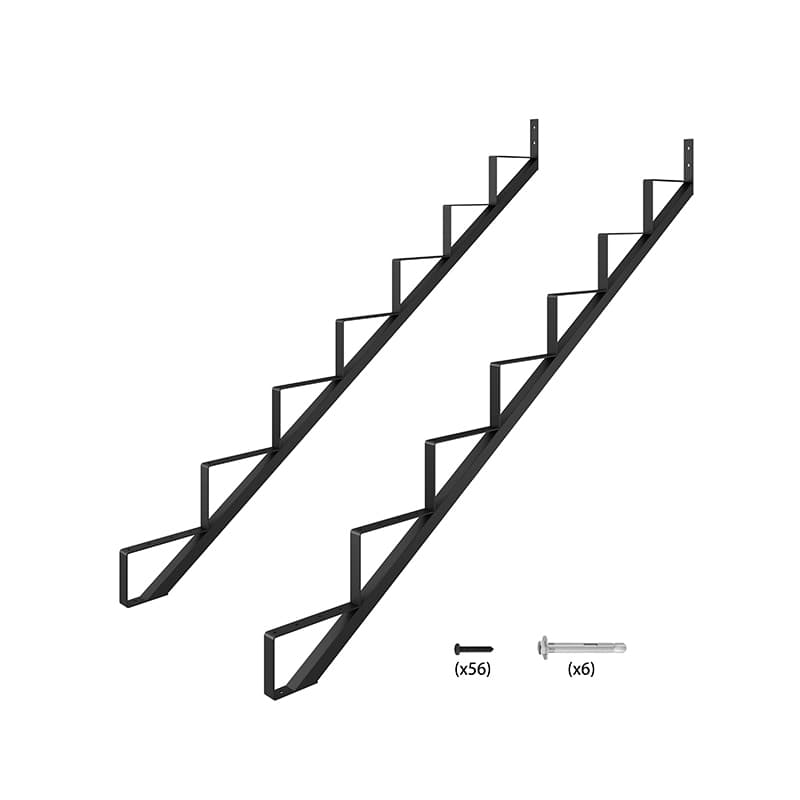 Illustration of a 7 Step Steel Stringer Stair Riser with labeled components indicating the quantity of screws and bolts needed for assembly.