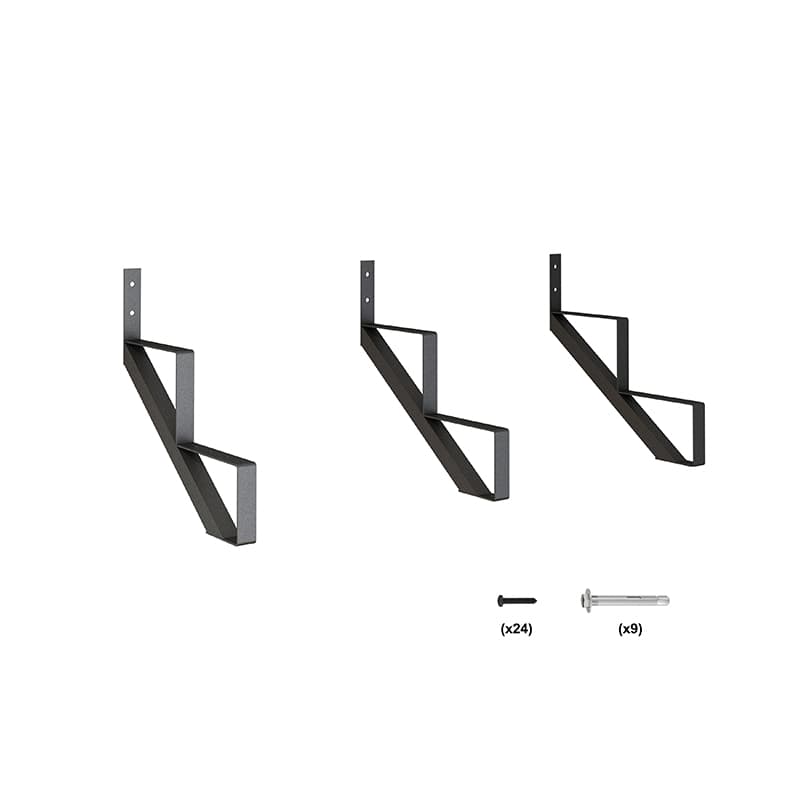 Three black, metal shelf brackets and 2 Step Steel Stringer Outdoor Stair Riser, Screws included, displayed on an isolated white background.