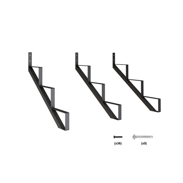 Three black 3 Step Steel Stringer DIY Stair Risers in different orientations with included screws and wall plugs, isolated on a white background.