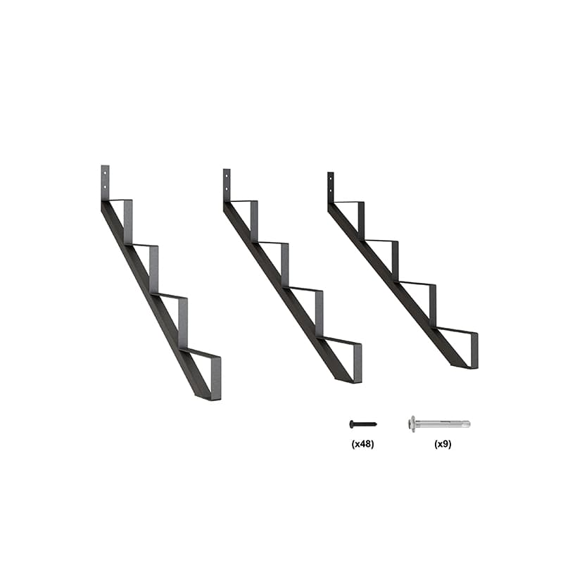 Three black metal 4 Step Steel Stair Risers displayed against a white background, with labeled screws and brackets for assembly.