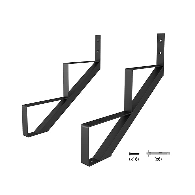 Two black metal 2 Step Steel Stringer Stair Riser with included screws and wall anchors isolated on a white background, suitable for a frameless sliding glass door installation.