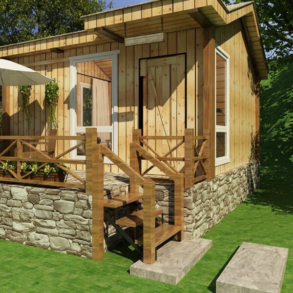 Wooden cabin with stone foundation, featuring a front deck with 3 Step Steel Stringer Stair Riser, surrounded by lush greenery.